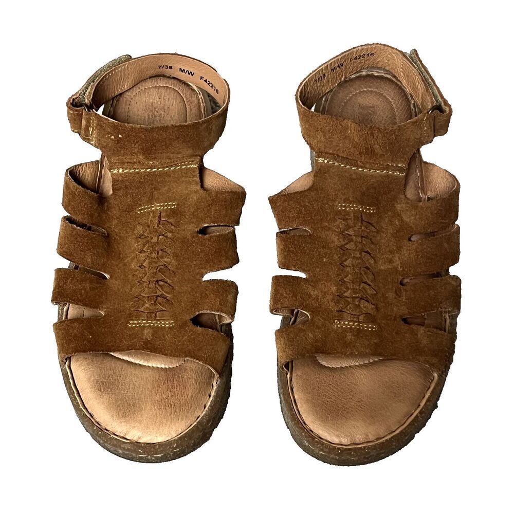 Born Brown Suede Leather Gladiator‎ Sandals Woven Ankle Strap F42216 Womens US 7
